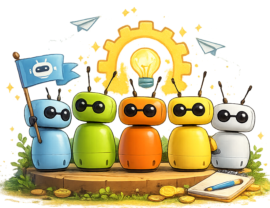 Illustration of five small robots standing together on a platform beneath a lightbulb and gear.
