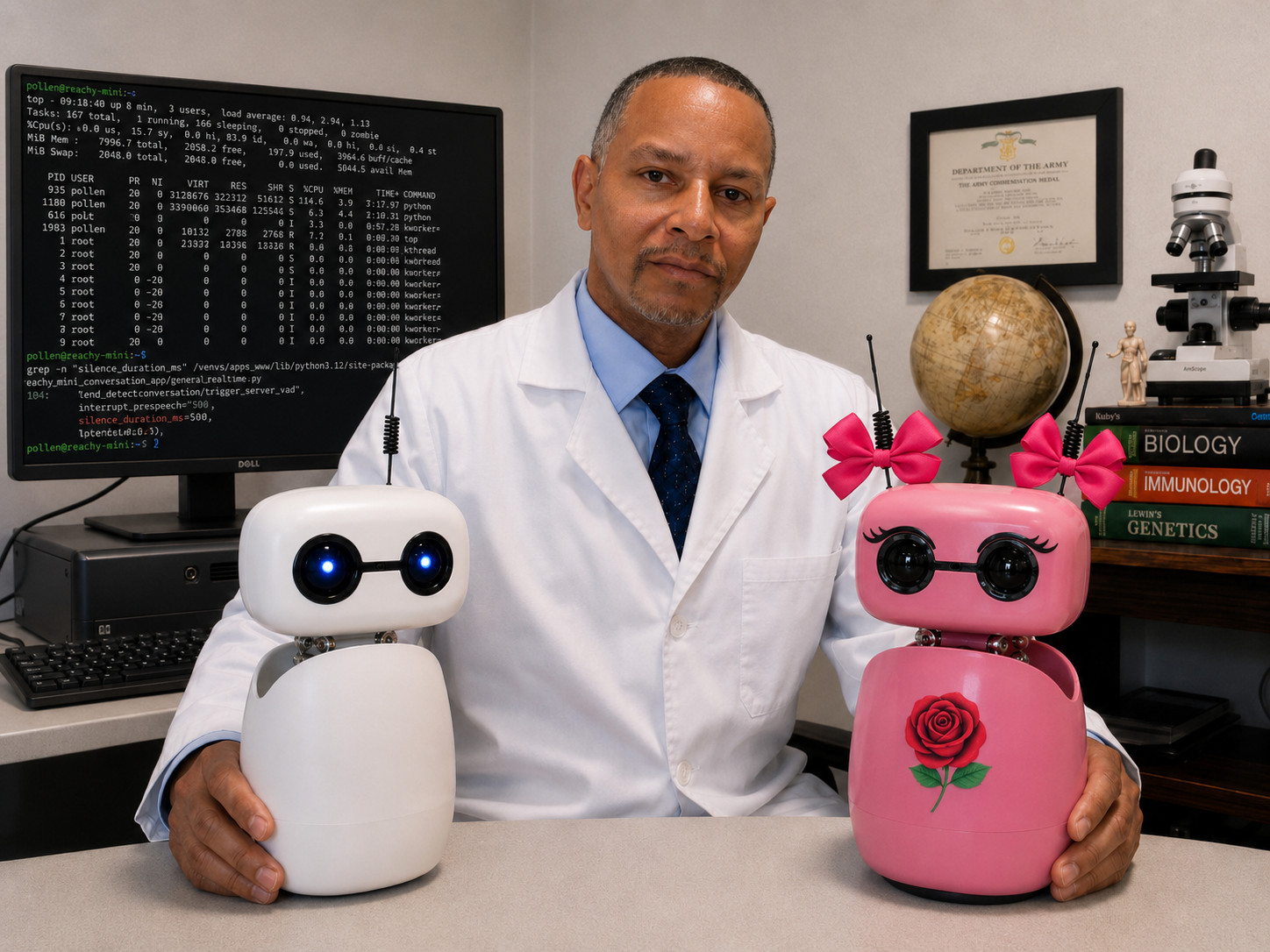 Dr. Reginald Finley with two Reachy Mini robots