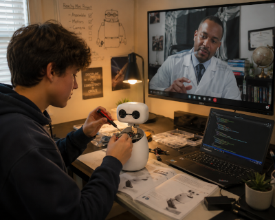 A scholar working on a Reachy Mini during a virtual mentorship session